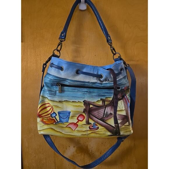 Anna by Anuschka Leather Beach 13x10.5 Crossbody Handbag Hand Painted - Picture 6 of 10